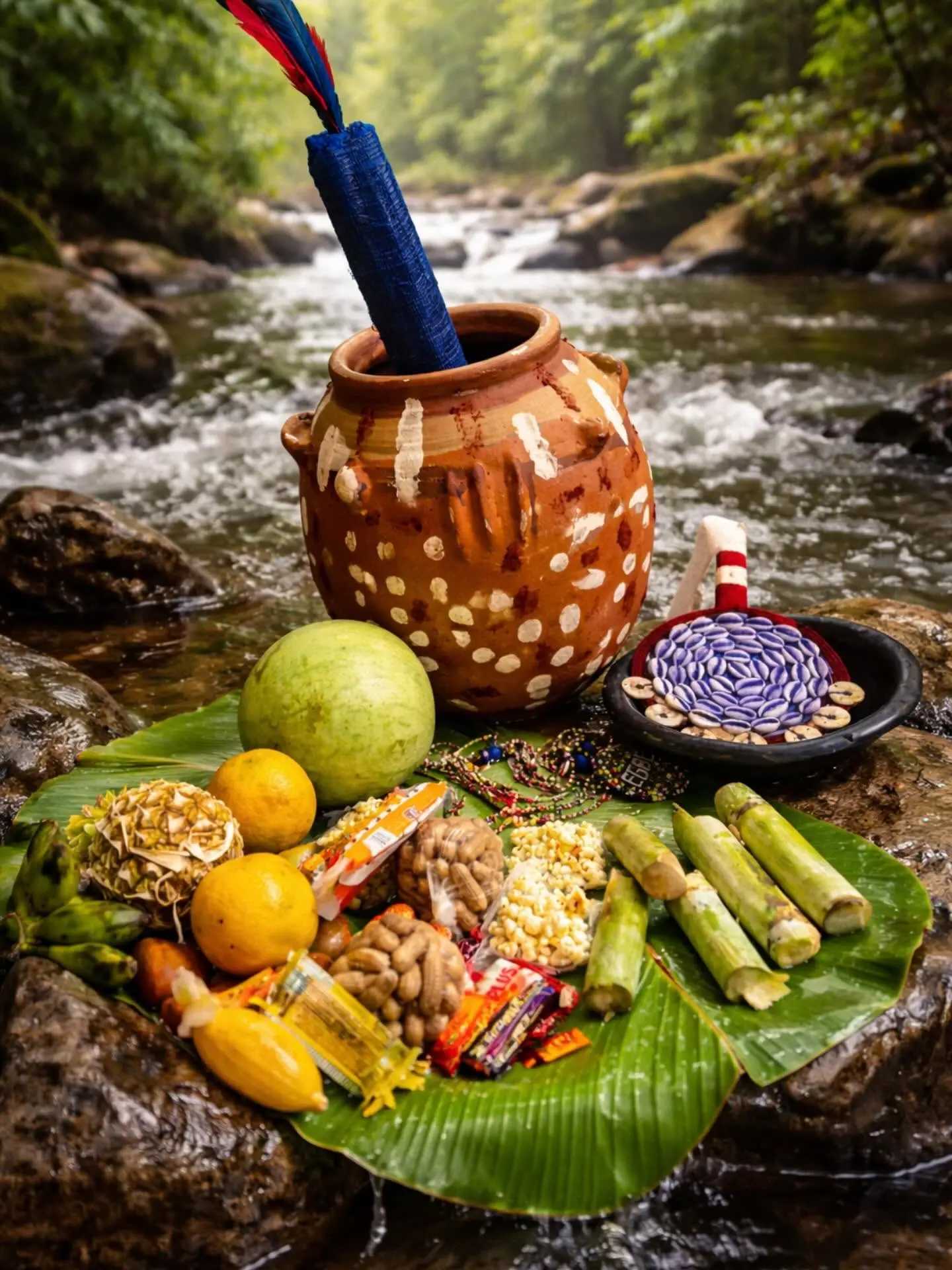 Ẹbọ dispuesto sobre hoja de plátano junto al río con olla de barro y cauris